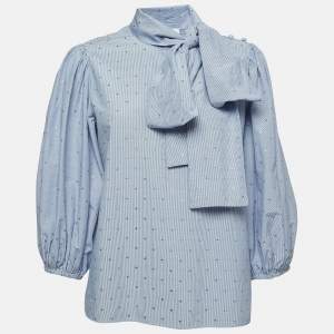 RED Valentino Blue Microstriped Flower Patterned Poplin Top M
