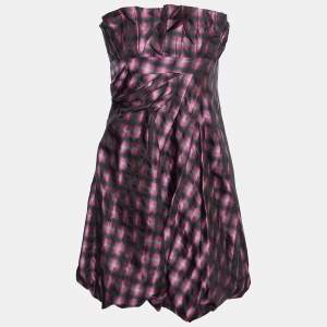 Pre Owned RED Valentino Pink Checkered Satin Draped Strapless Mini Dress L