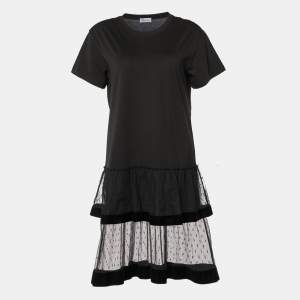 RED Valentino Black Cotton And Mesh Hem Detailed T-Shirt Dress L