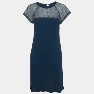 RED Valentino Dark Blue Jersey Lace Trimmed Short Dress L