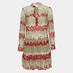 RED Valentino Beige Floral Printed Chiffon Tie Neck Mini Dress S