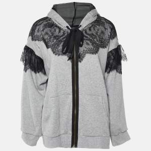 RED Valentino Grey Cotton Lace Trim Hooded Zip Up Jacket M