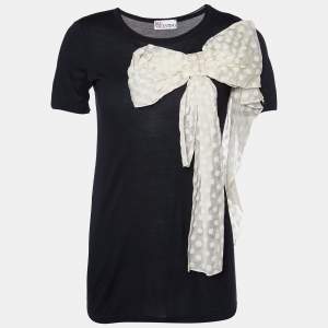 Red Valentino Black Jersey Contrast Bow Detail Raw Edged Top S