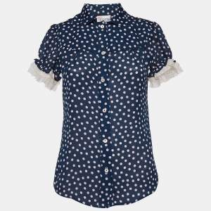 RED Valentino Navy Blue Dotted Crepe Puff Sleeve Blouse S
