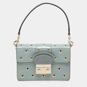 RED Valentino Dusky Blue Patent Leather Grommet Detailed Shoulder Bag