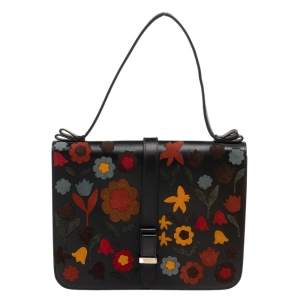 RED Valentino Black Leather and Floral Suede Shoulder Bag