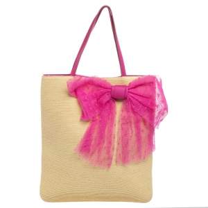 RED Valentino Beige/Pink Raffia And Lace Bow Tote
