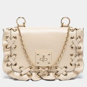 RED Valentino Beige Leather Ruffles Flap Shoulder Bag 