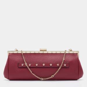 RED  Valentino Red Leather Frame Star Detail Chain Clutch