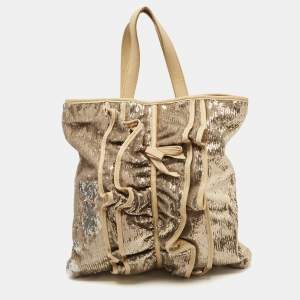 RED Valentino Gold Sequins and Leather Ruffled Tote