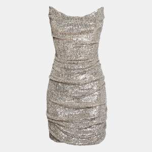 Reem Acra Silver Sequin Ruche Strapless Mini Dress L