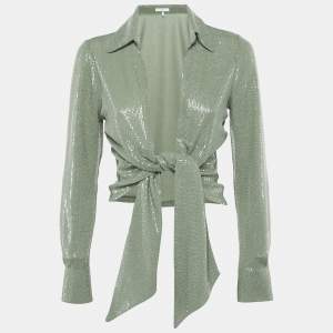 مملوكة مسبقًا Reiss Green Sequin Jersey Tie-Up Detail Liana Crop Top S