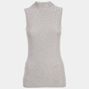 Pre Owned Reiss Silver Lurex Knit High Neck Aries Top XS 