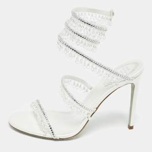 Rene Caovilla White Satin Crystal Embellished Chandelier Sandals Size 39