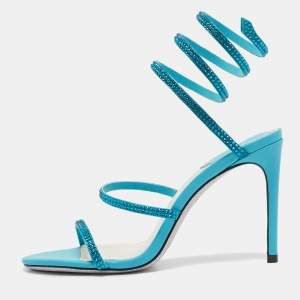 René Caovilla Blue Leather Cleo Ankle Strap Sandals Size 38