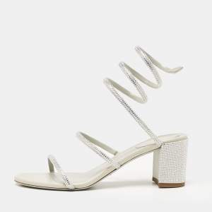 René Caovilla Silver Crystal Embellished Satin Cleo Sandals Size 39