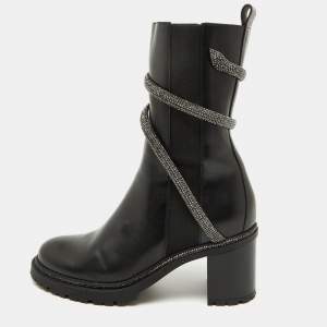 René Caovilla Black Leather Cleo Hematite Strass Calf Length Boots Size 40.5