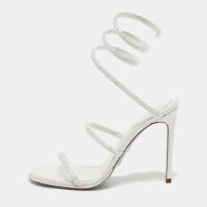 René Caovilla White Leather Cleo Crystals Sandals Size 37