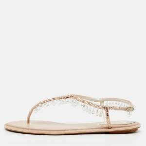 Pre Owned René Caovilla Beige Satin Crystal Chandelier Embellished T Strap Flats Size 36.5