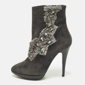 Pre Owned René Caovilla Size 40 Grey Fur And Suede Ankle Boots