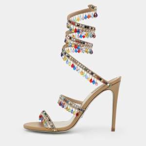 Pre Owned René Caovilla Chandelier Crystal Embellished Size 39 Beige Satin Ankle Wrap Sandals