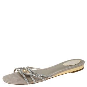  René Caovilla Cream Cystal Embellished Satin Flat Slides Size 41