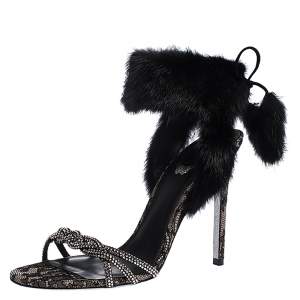 René Caovilla Black Fur And Crystal Embellished Ankle Cuff Sandals Size 39