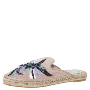 Rene Caovilla Beige Embroidered Suede And Crystal Embellished Espadrille Flats Size 38