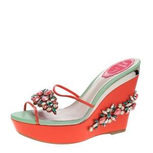 René Caovilla Tri Color PVC And Leather Trim Jewel Embellished Wedge Slide Sandals Size 37
