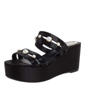 René Caovilla Black Crystal Embellished Suede Leather Lucia Wedge Platform Sandals Size 37