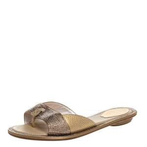 René Caovilla Gold Leather And Crystal Embellished Satin Thong Flat Slides Size 36