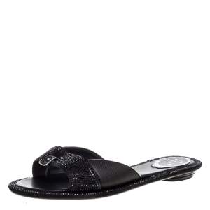 René Caovilla Black Satin And Lizard Embossed Leather Flat Slides Size 38