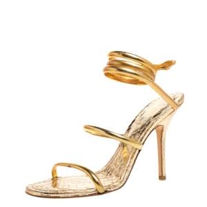 Rene Caovilla Gold Metal and Python Embossed Leather Cleo Sandals Size 38
