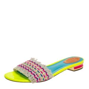 René Caovilla Multicolour Woven Cotton Fabric Flat Slides Size 40 