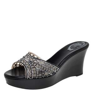 Rene Caovilla Black Satin Crystal Embellished Wedge Slide Sandals Size 40