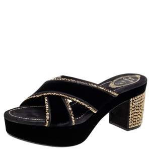 René Caovilla  Black Velvet Embellished Criss Cross Block Heel Platform Sandals Size 38