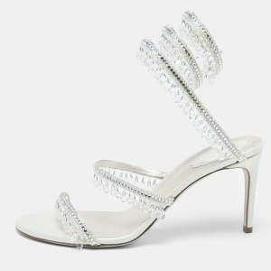 Rene Caovilla White Leather Crystal Embellished Chandelier Ankle Wrap Sandals Size 38.5