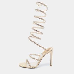 René Caovilla Metallic Gold Leather And Satin Cleo Crystal-Embellished Sandals Size 35