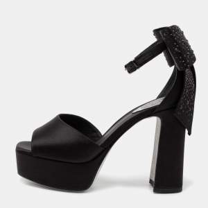 René Caovilla Black Satin Bow Detail Ankle Strap Block Heel  Sandals Size 36 