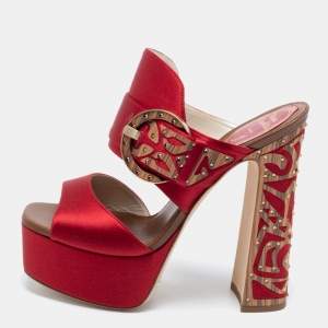 René Caovilla Red Satin Embellished Buckle Platform Sandals Size 36