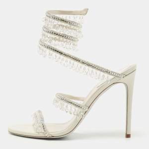 Rene Caovilla White Leather Crystal Embellished Chandelier Ankle Wrap Sandals Size 38