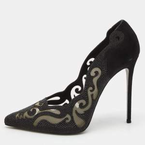 Rene Caovilla Black Suede and Mesh Decollete Pumps Size 39