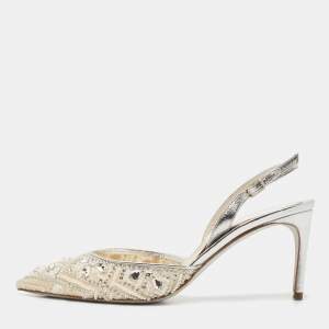 René Caovilla White/Silver Leather and Mesh Crystal Embellished Lace Slingback Pumps Size 37
