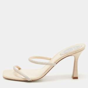 René Caovilla Cream Croc Embossed Leather Crystal Embellished Slide Sandals Size 38