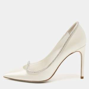 René Caovilla White Satin Crystal Embellished Sylvie Platform Pumps Size 35