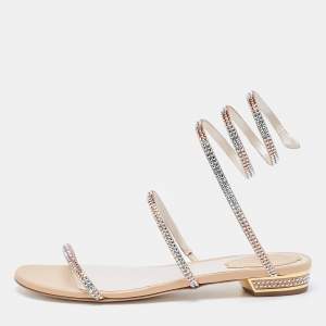 René Caovilla Metallic Gold Crystal Embellished Ankle Wrap Sandals Size 38