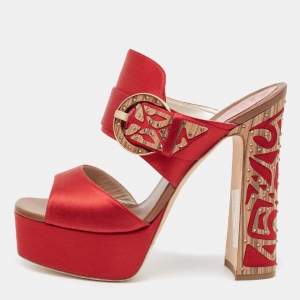 René Caovilla Red Satin Embellished Buckle Platform Sandals Size 41