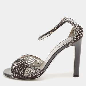 René Caovilla Black Suede Crystal Embellished Ankle Strap Sandals Size 39