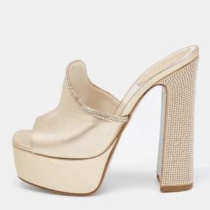 René Caovilla Metallic Gold Leather Crystal Embellished Slide Sandals Size 36