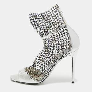 René Caovilla Silver Embossed Snakeskin and Crystal Embellished Mesh Galaxia Sandals Size 38